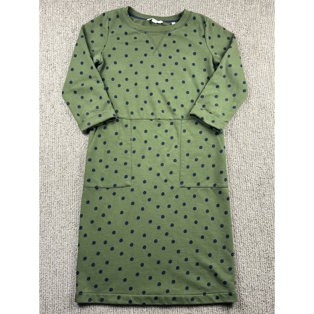 Boden Womens 4L Hannah Sweatshirt Dress 3/4 Sleeve Green Navy Blue Polka Dot